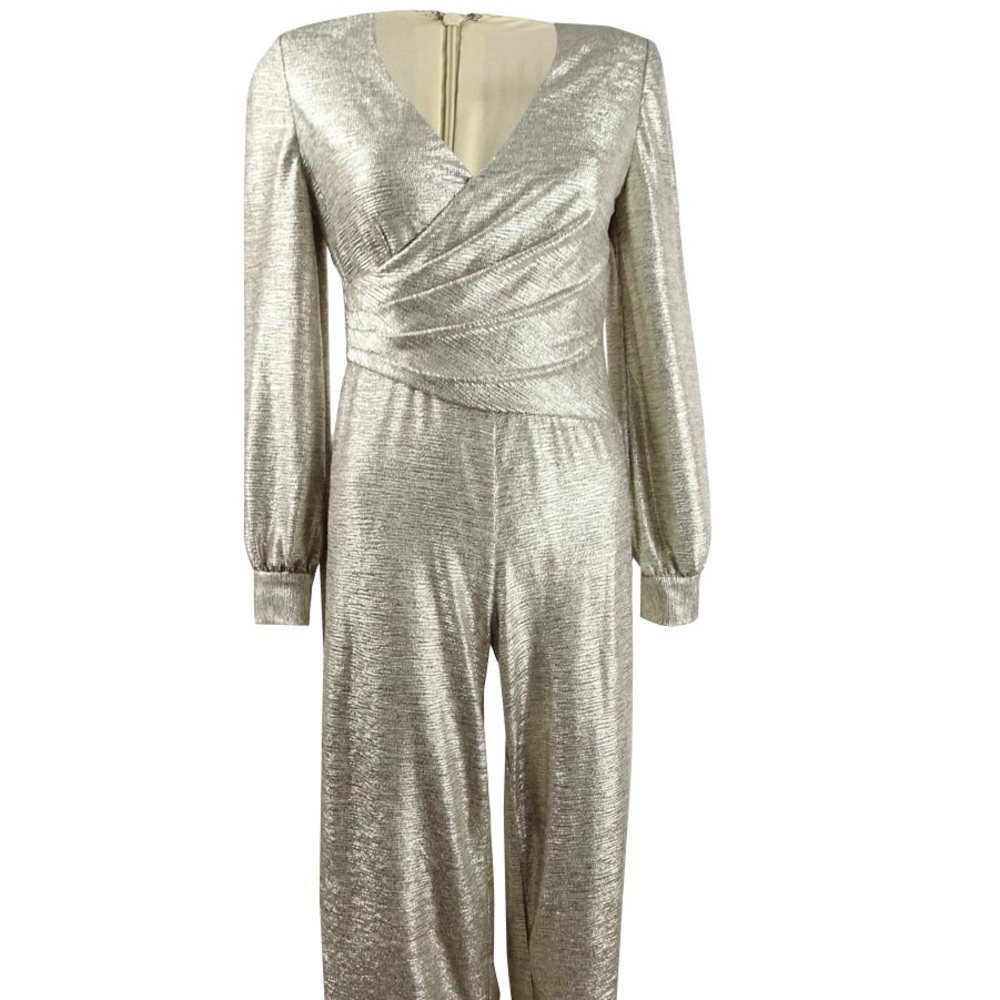 Adrianna Papell Silver Long Sleeve Metallic Jumpsuit